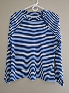 Cabana Life Women's Blue and White Striped Long-Sleeve Rash Guard
